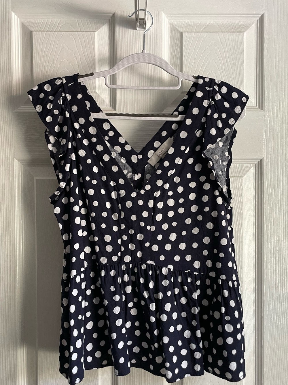 LOFT Polka Dot V-Neck Ruffle Tank, Size M